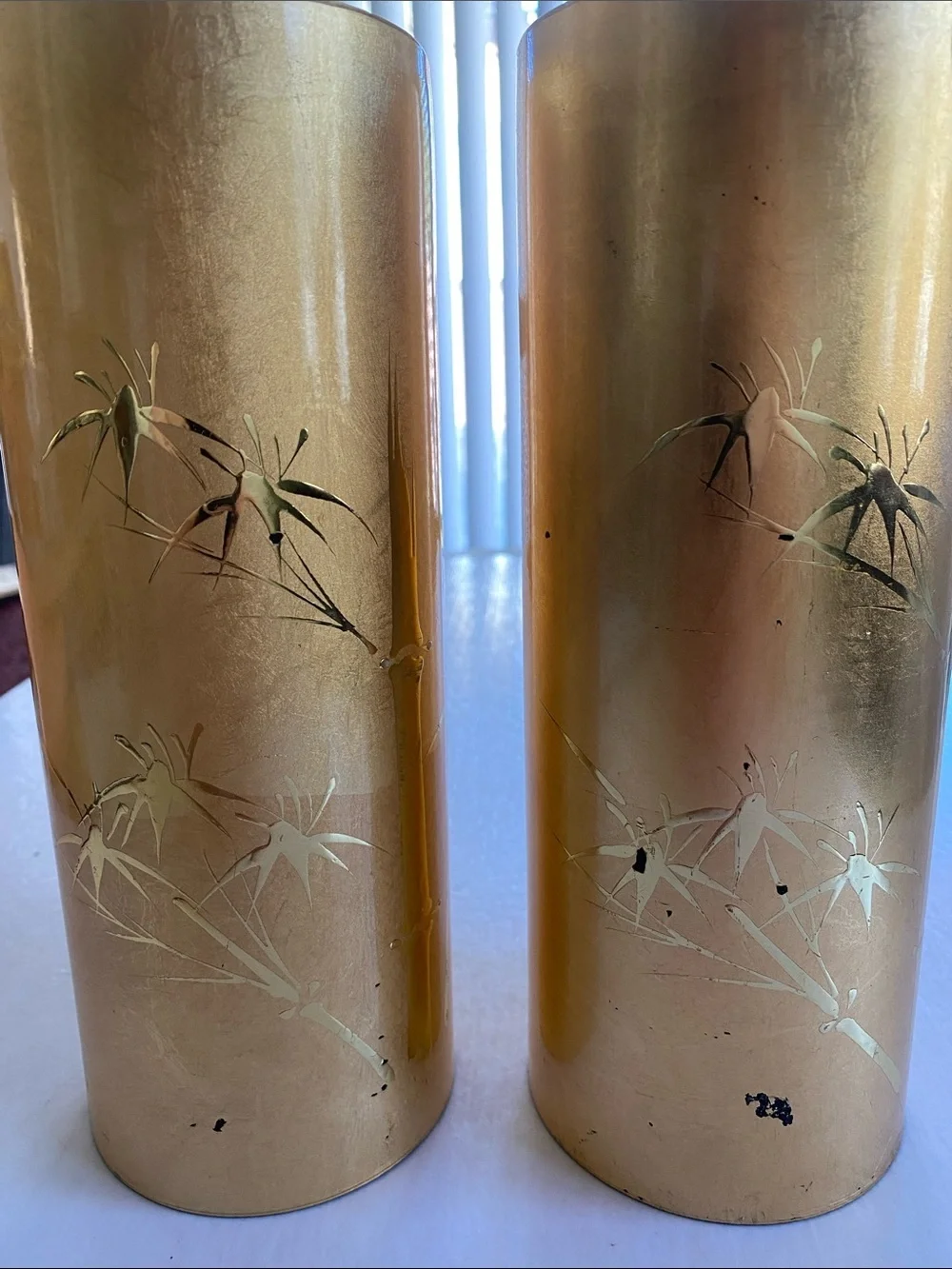 OMC Gold Bamboo Decorative Cylindrical 9”x3.25” Vase Pair - Home Accents